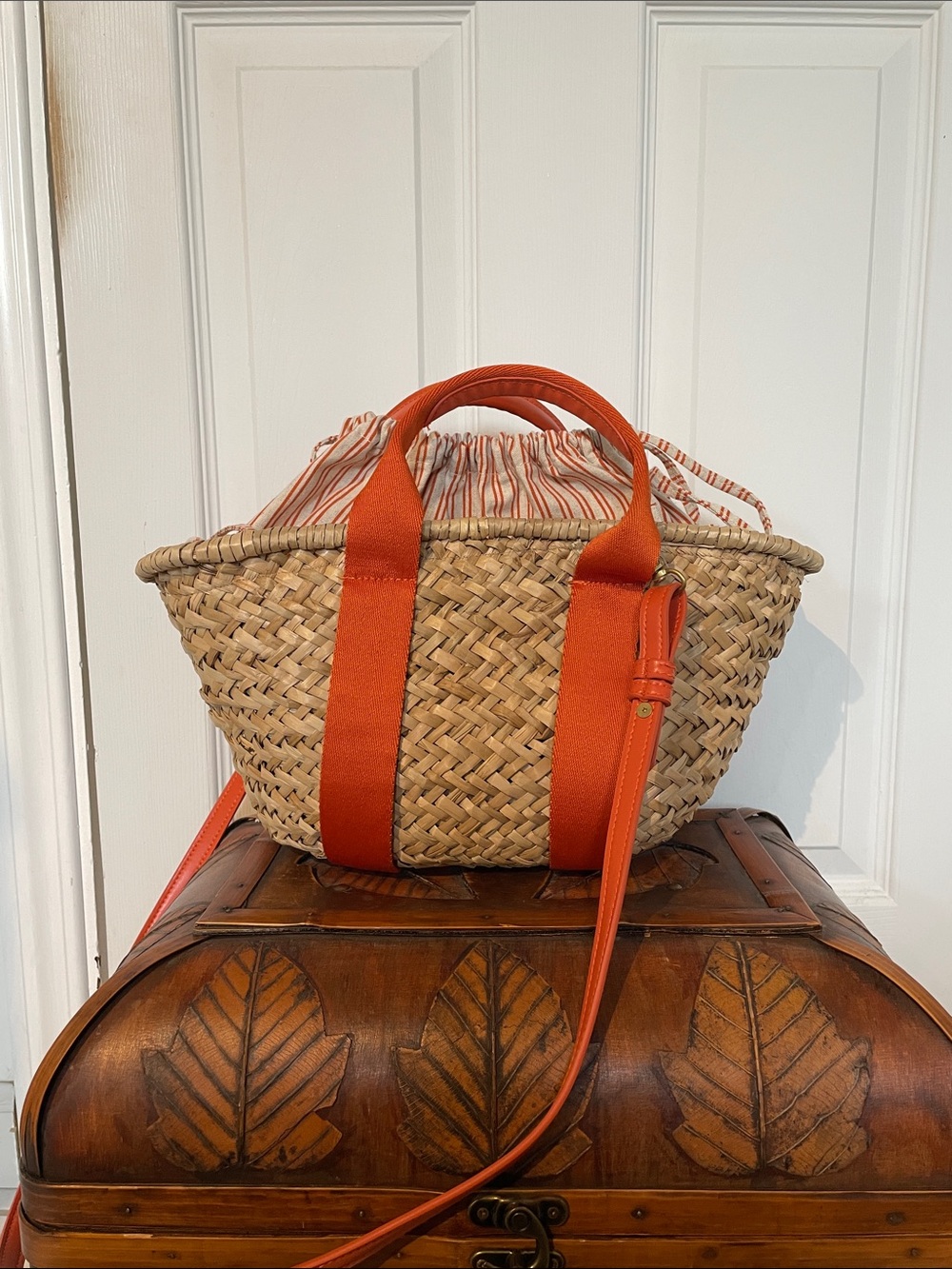 Zara Woven Straw Tote with Orange Handles